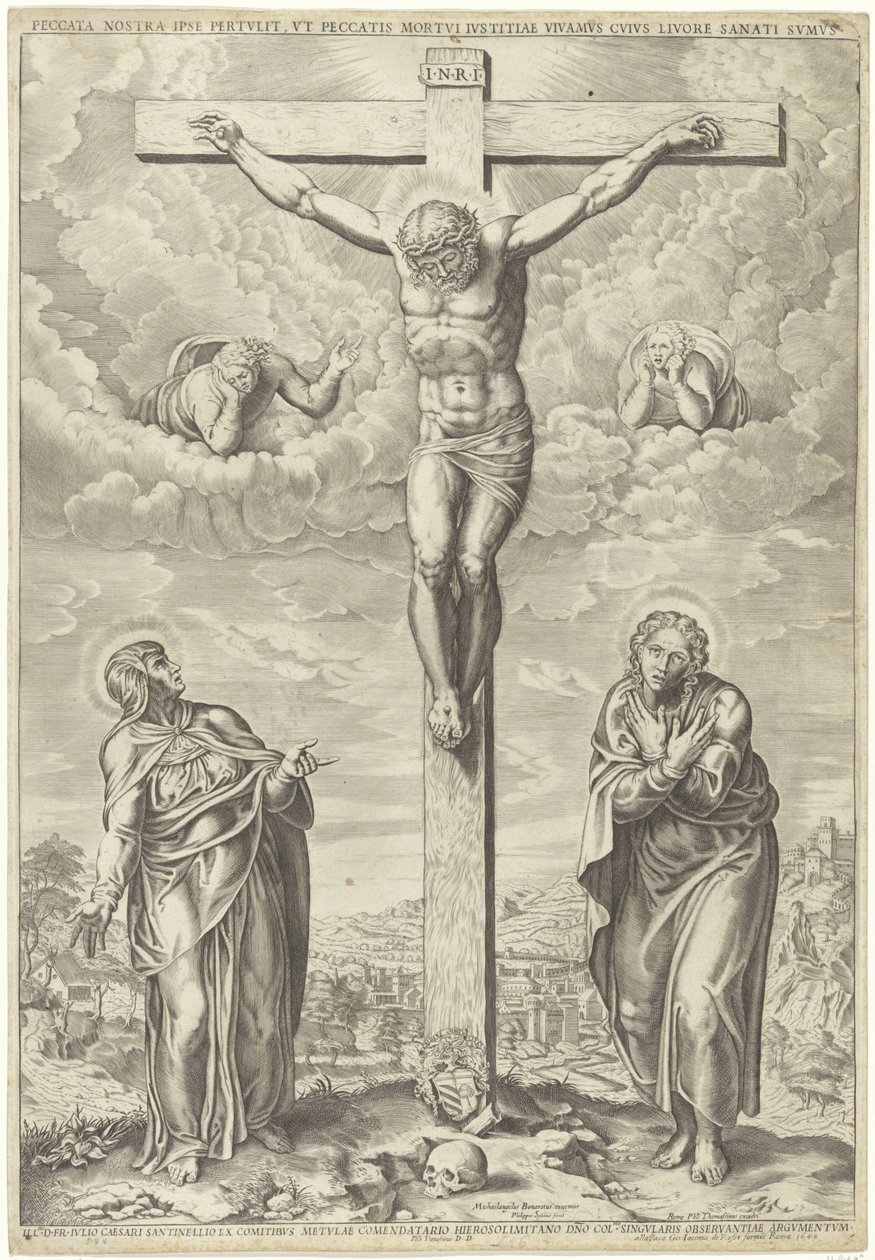Cristo en la cruz flanqueado por María y Juan en un paisaje de Philippe de Soye