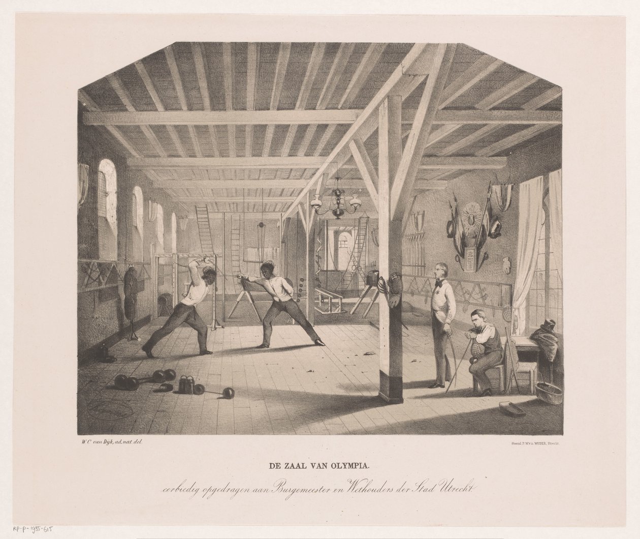 Vista en la sala de esgrima y gimnasia de la empresa estudiantil Olympia El Salón de Olimpia (título sobre objeto) de Philippus Anthonius Alexander Kanne
