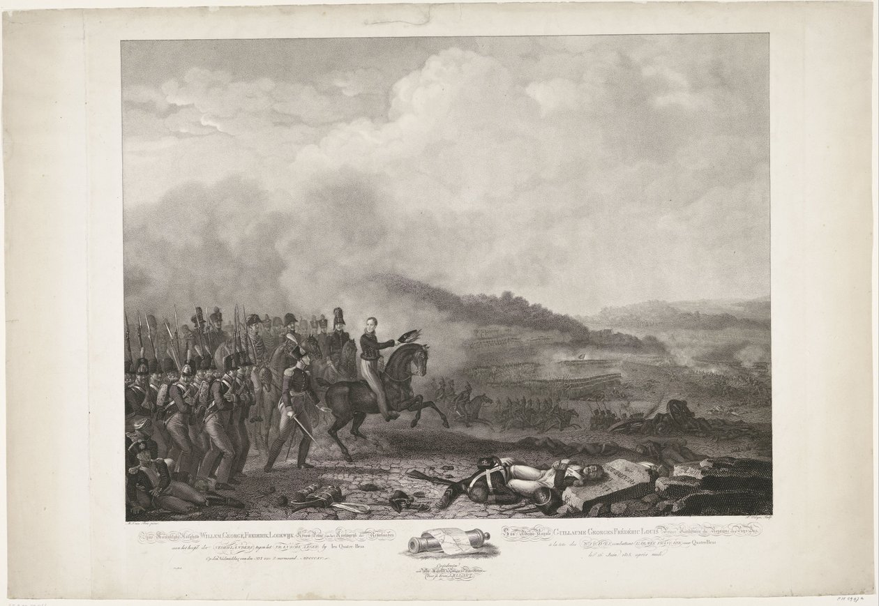 Príncipe de Orange liderando las tropas holandesas en la batalla de Quatre-Bras, 1815 Su Alteza Real William, George, Frederik, Lodewijk Príncipe heredero del Reino de los Países Bajos al frente de los holandeses contra el ejército francés de Quatre-B de Philippus Velijn
