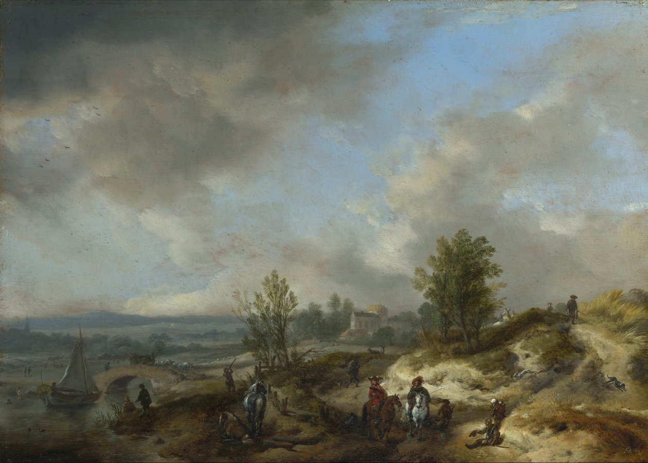 Un paisaje de dunas con un río y muchas figuras de Philips Wouwerman