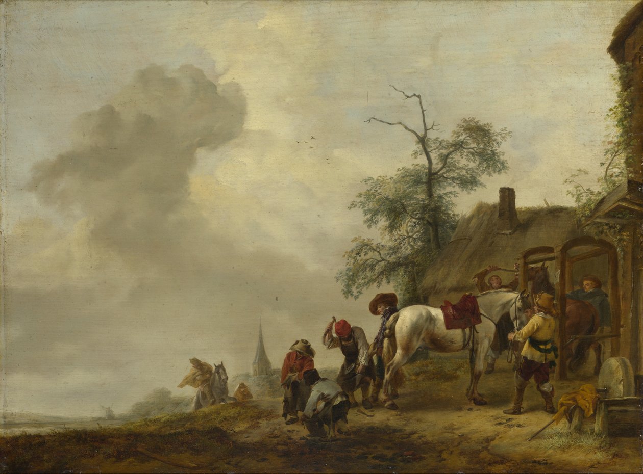 Un caballo siendo herrado fuera de una herrería del pueblo de Philips Wouwerman