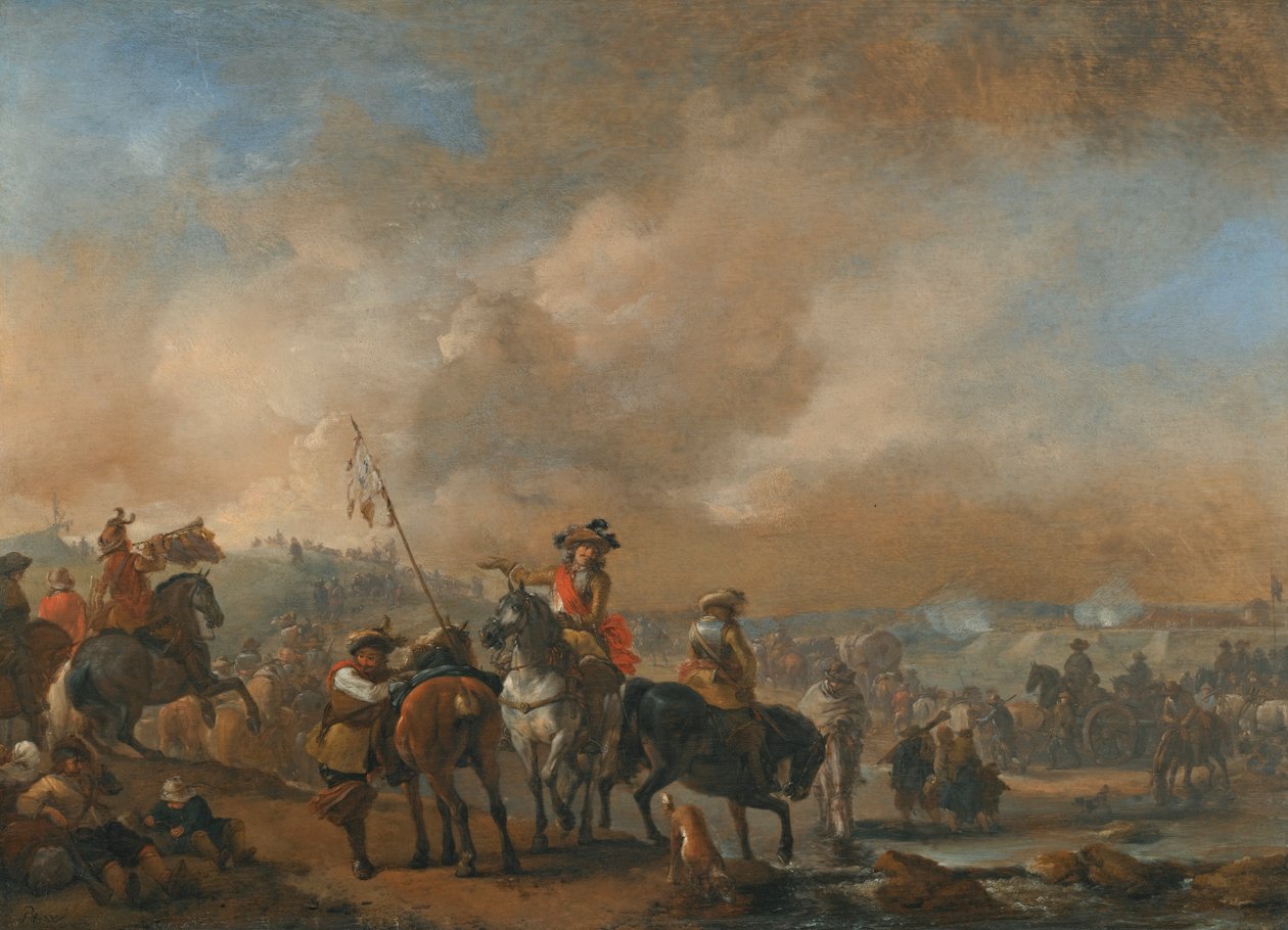 Caballería en movimiento, una fortificación bajo asedio más allá de Philips Wouwerman