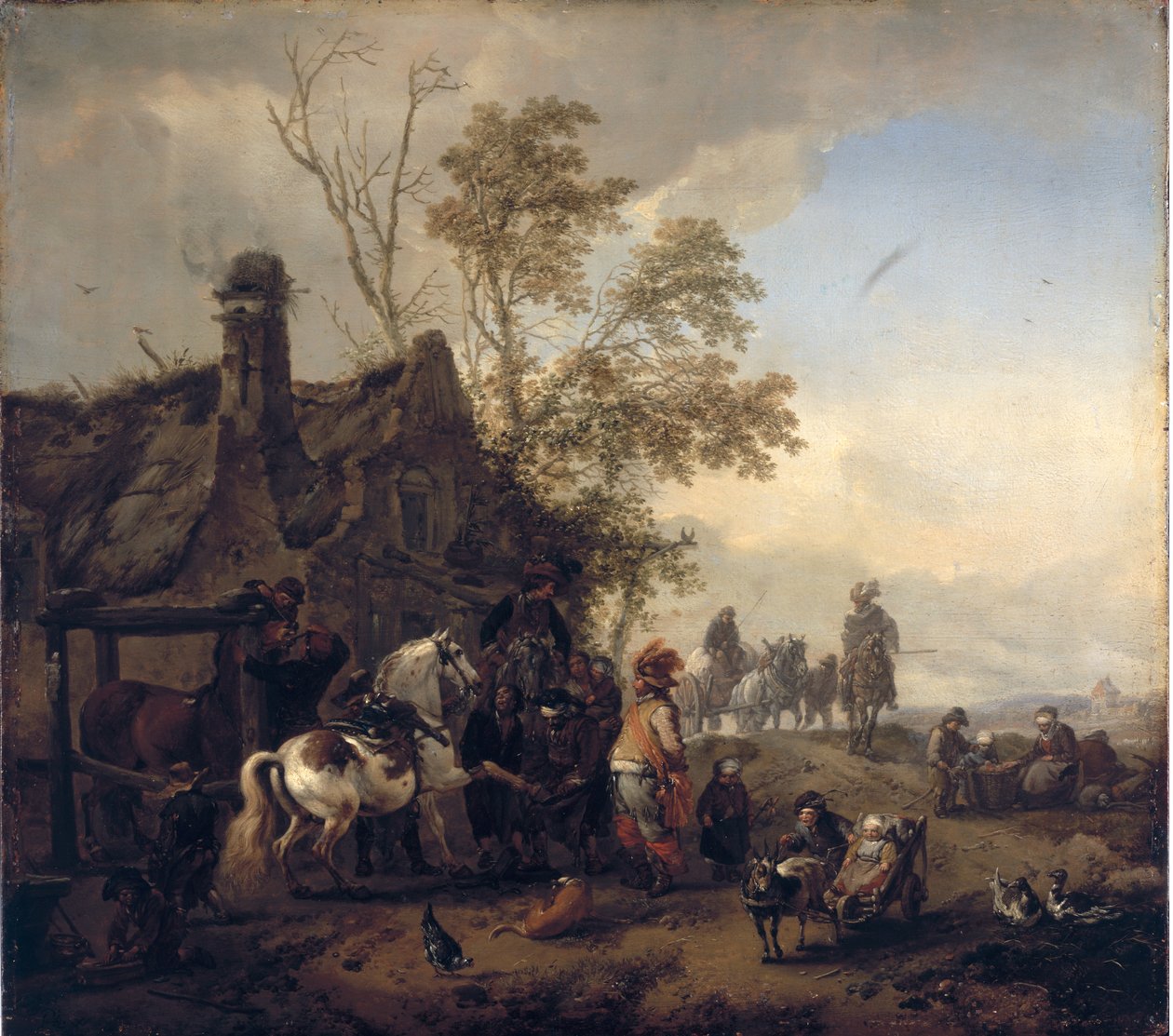 Un caballo moteado fuera de la herrería de Philips Wouwerman