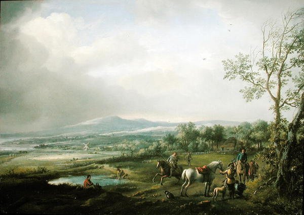 Fiesta de cetrería en un paisaje extenso de Philips Wouwerman