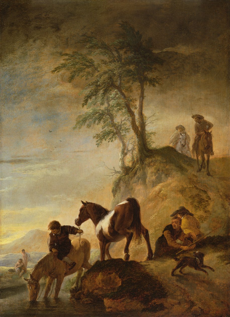 Jinetes abrevando a sus caballos de Philips Wouwerman