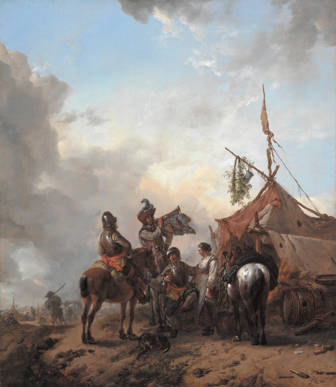 Soldados festejando con una sirvienta fuera de una tienda, c.1655 de Philips Wouwerman