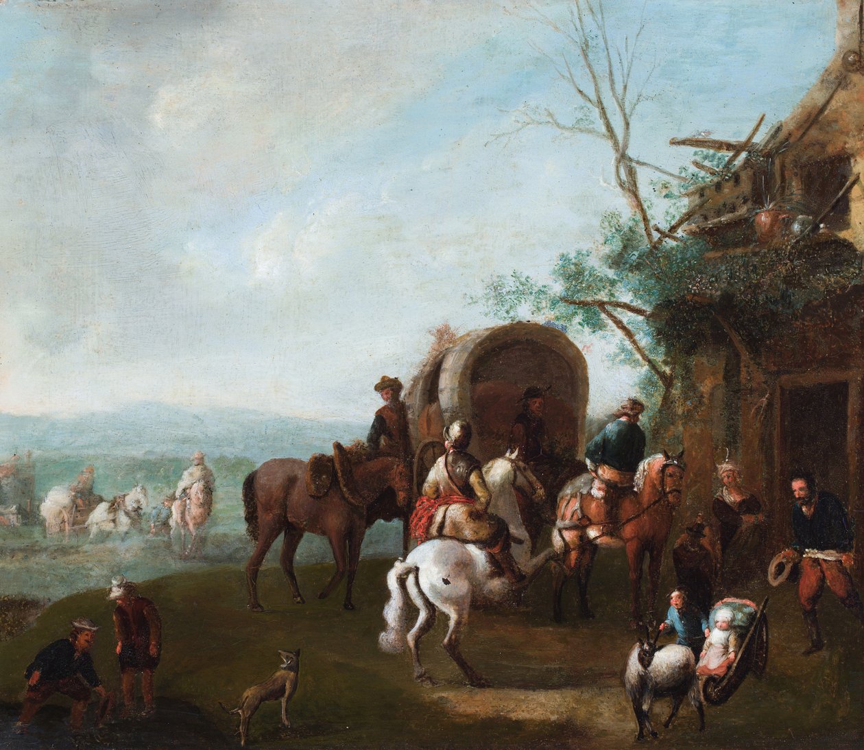 Viajeros fuera de una posada con un hombre en un caballo blanco encabritado (óleo sobre metal) de Philips (manner of) Wouwermans or Wouvermans