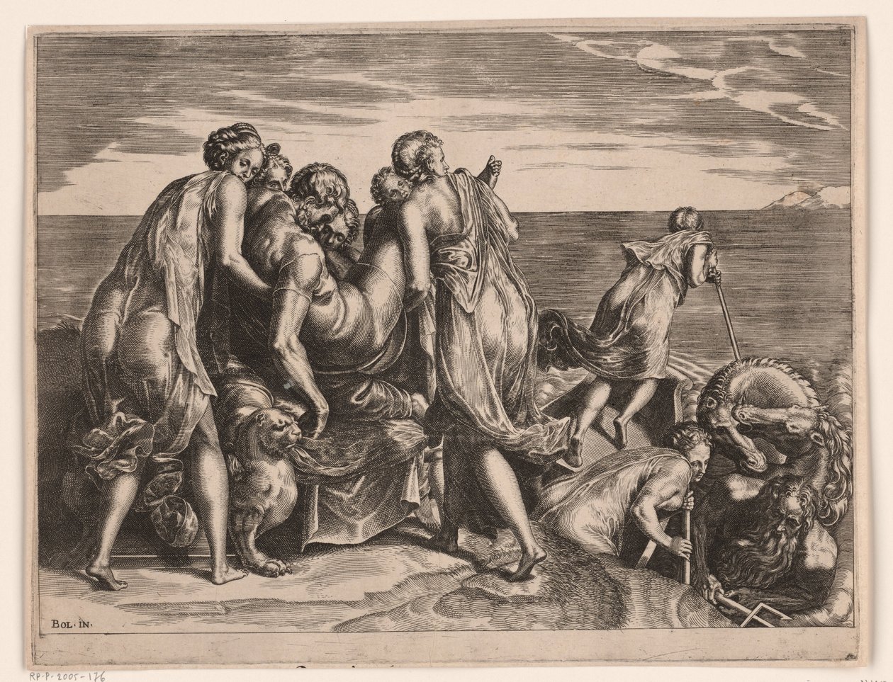 Los feacios llevan a Odiseo dormido a Ítaca. de Philips Galle (attributed to)