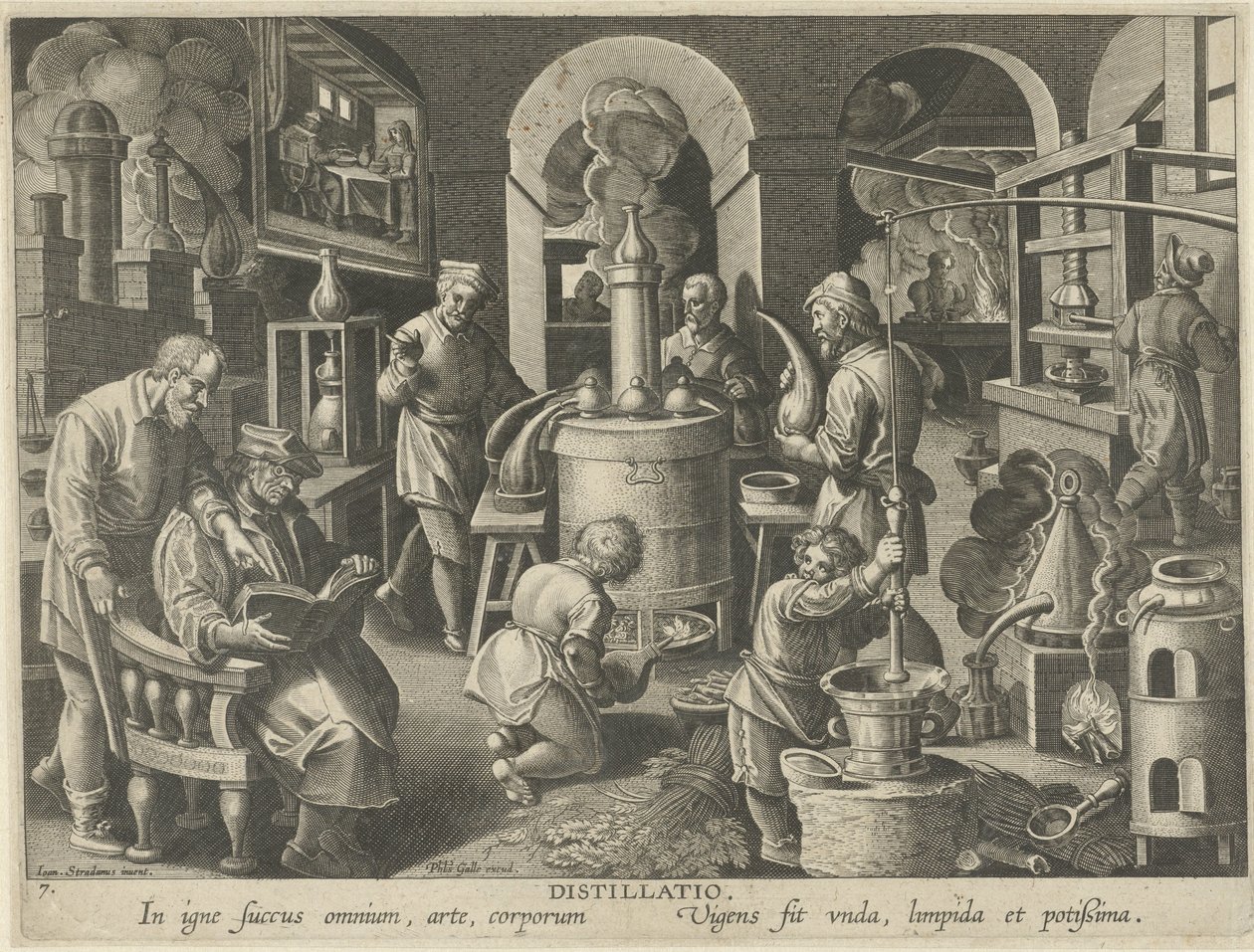 Destilación Destilación (título sobre el objeto) Nuevos inventos y descubrimientos (título de la serie) Nova Reperta (título de la serie) de Philips Galle (attributed to workshop of)