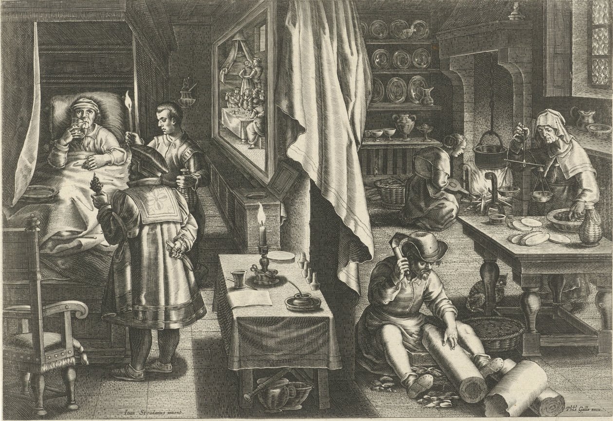 medicina para la sífilis Nuevos inventos y descubrimientos (título de la serie) Nova Reperta (título de la serie) de Philips Galle (attributed to workshop of)