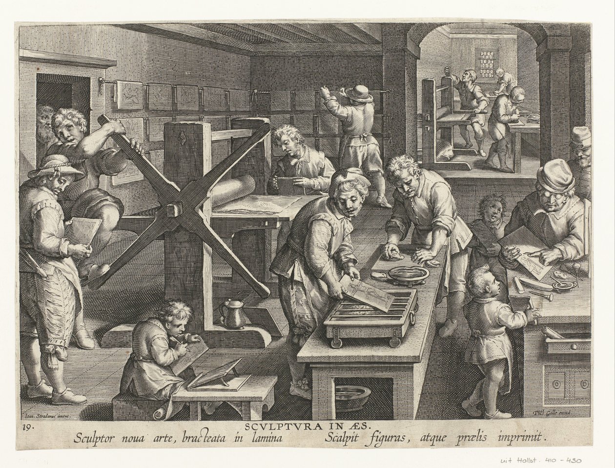 Producción de grabados en cobre. Scvlptvra en aes (título en objeto) Nuevos inventos y descubrimientos (título de la serie) Nova Reperta (título de la serie) de Philips Galle (attributed to workshop of)