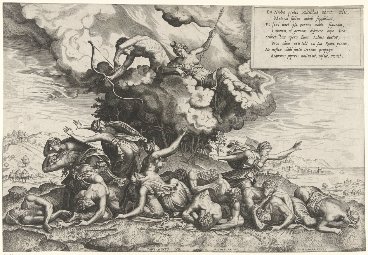 Apolo y Diana matan a los hijos de Niobe de Philips Galle