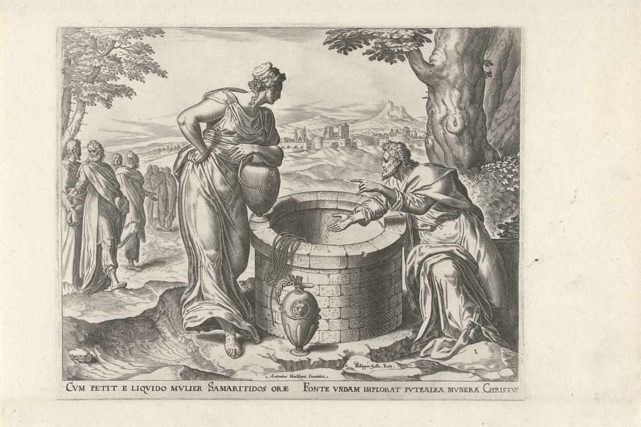 Cristo y la mujer samaritana en el pozo Seis escenas con Cristo y mujeres de los Evangelios (título de la serie) de Philips Galle
