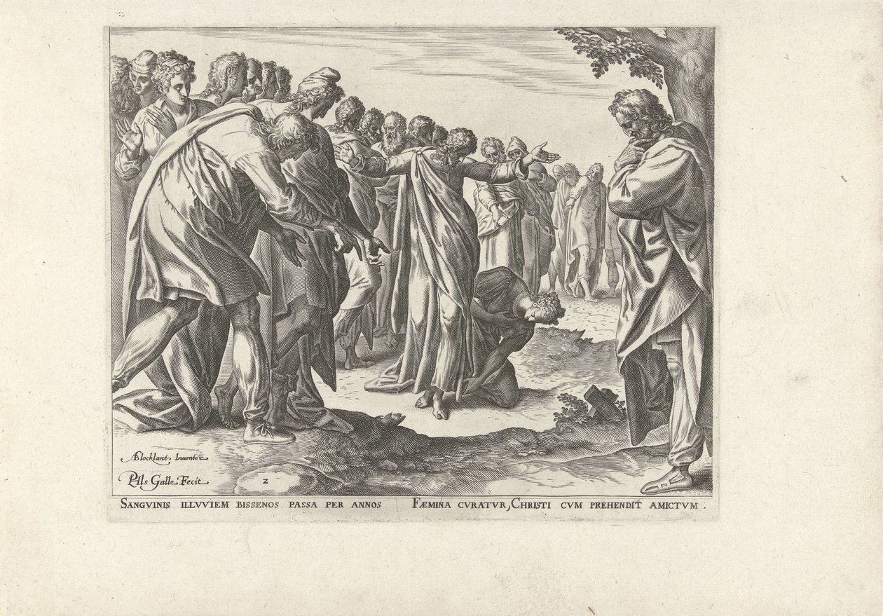 Cristo sana a una mujer con pérdida de sangre Seis escenas con Cristo y mujeres de los Evangelios (título de la serie) de Philips Galle