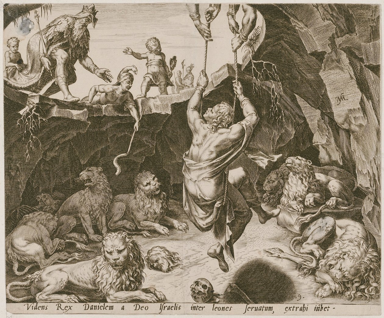 Daniel es liberado del foso de los leones, lámina 9 de la serie «La historia de Daniel, Bel y el dragón» de Philips Galle
