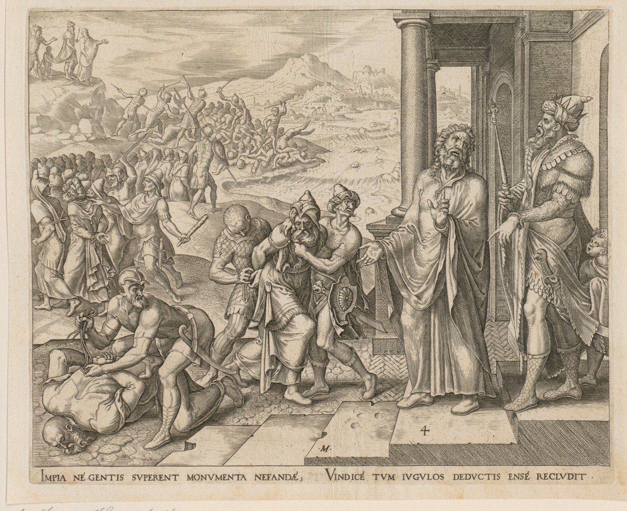 Captura y muerte de los sacerdotes de Baal, lámina 4 de la serie «La historia de Elías y los sacerdotes de Baal» de Philips Galle