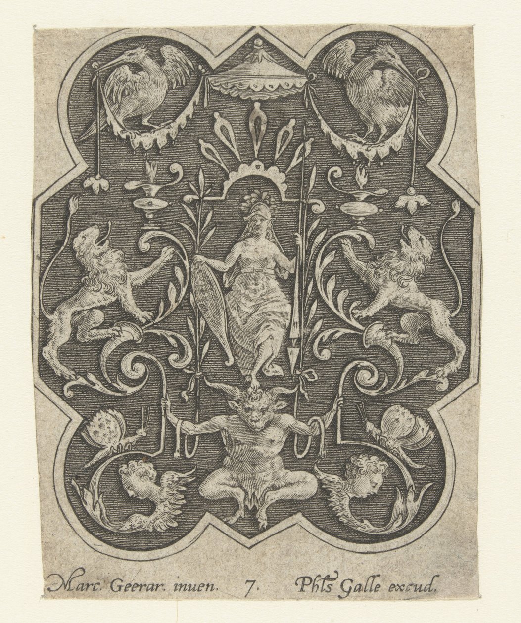 Mujer con casco, escudo y lanza
Decoraciones planas con grotescos sobre fondo sombreado (título de la serie) de Philips Galle