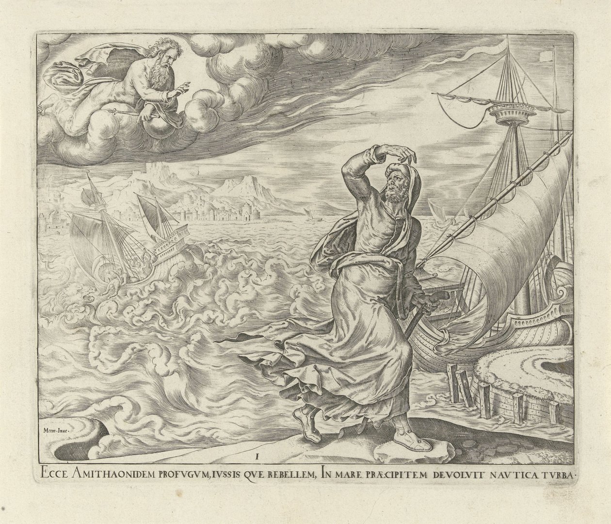 Dios le ordena a Jonás que vaya a Nínive Historia de Jonás (título de la serie) de Philips Galle