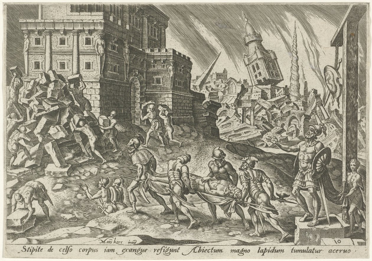 El cuerpo del rey de Hai es llevado a la puerta de la ciudad. Los días de la perdición del pueblo judío (título de la serie) de Philips Galle
