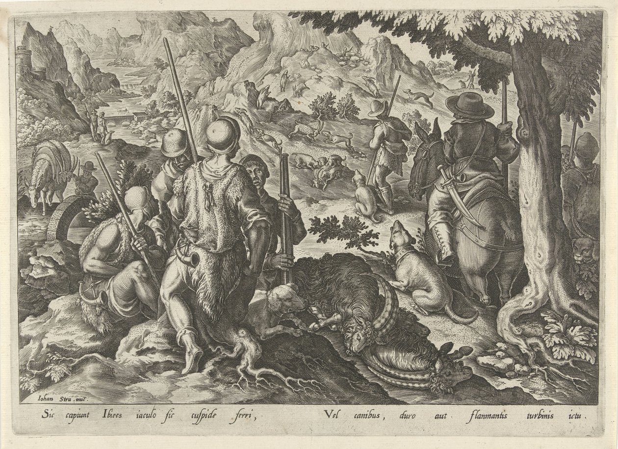 Jacht op berggeiten Jachttaferelen (título de la serie) En el que todo tipo de caza, caza de aves y pesca (título de la serie) de Philips Galle