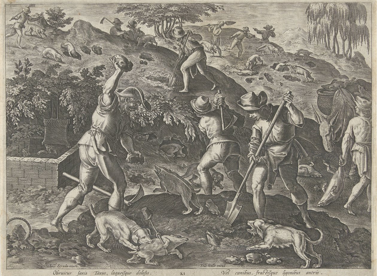 Jacht op dassen Jachttaferelen (título de la serie) En el que todo tipo de caza, caza de aves y pesca (título de la serie) de Philips Galle