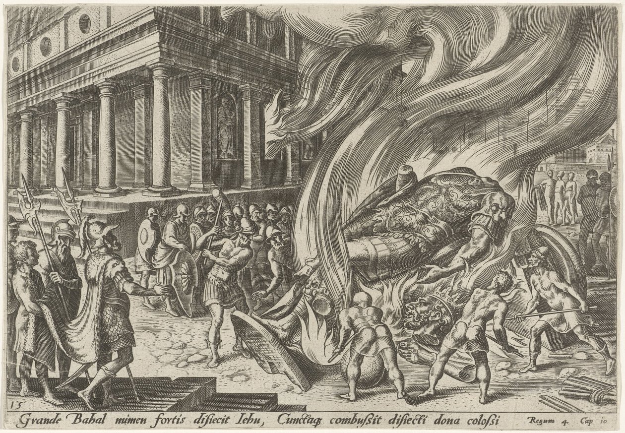 Jehú destruye el templo y la imagen de Baal Los días de la perdición del pueblo judío (título de la serie) de Philips Galle