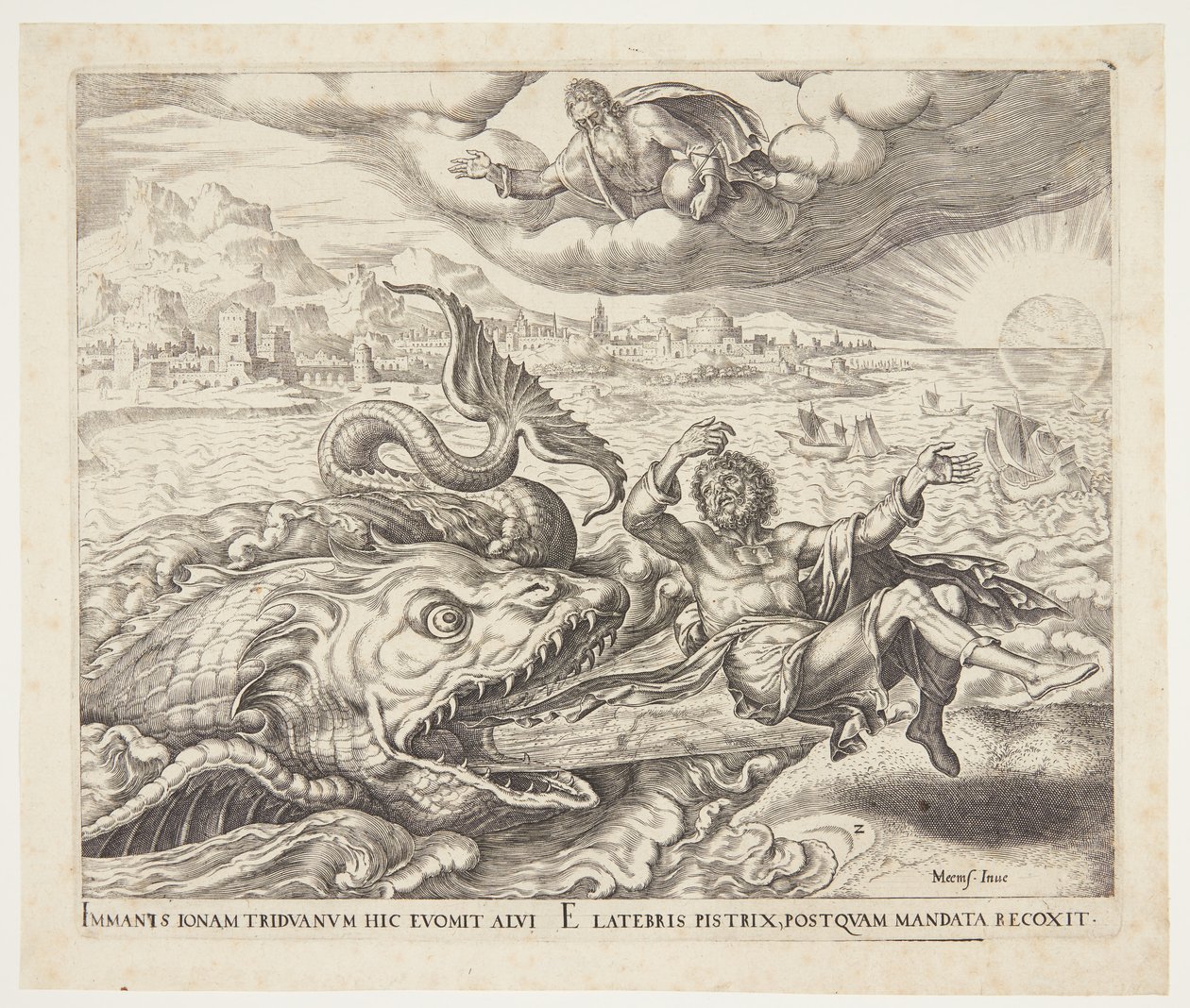 Jonás arrojado a la orilla por la ballena de Philips Galle