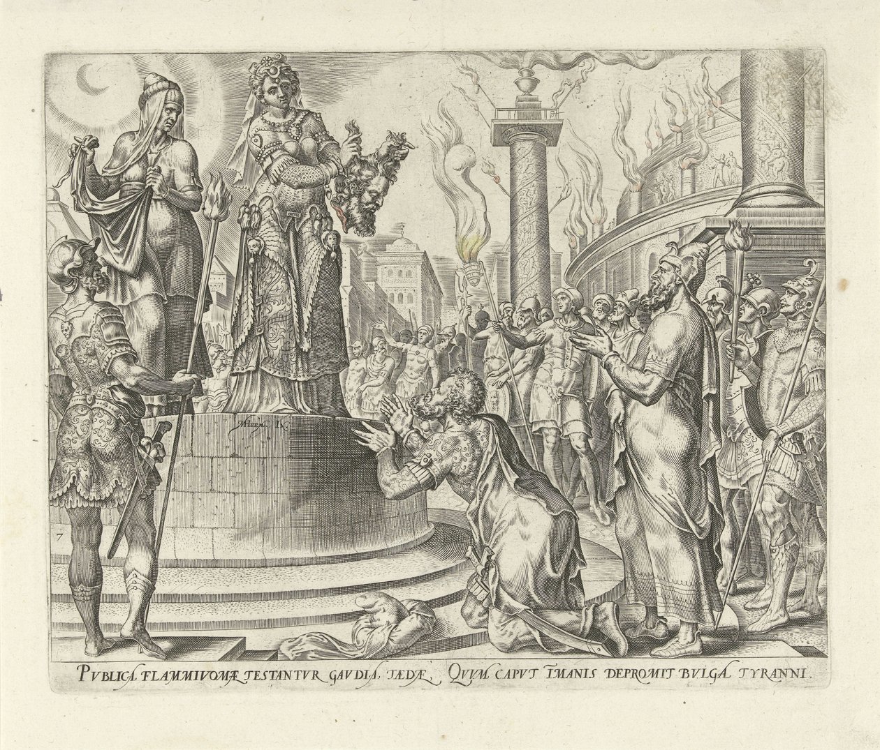 Judith muestra la cabeza de Holofernes al pueblo Historia de Judit y Holofernes (título de la serie) de Philips Galle