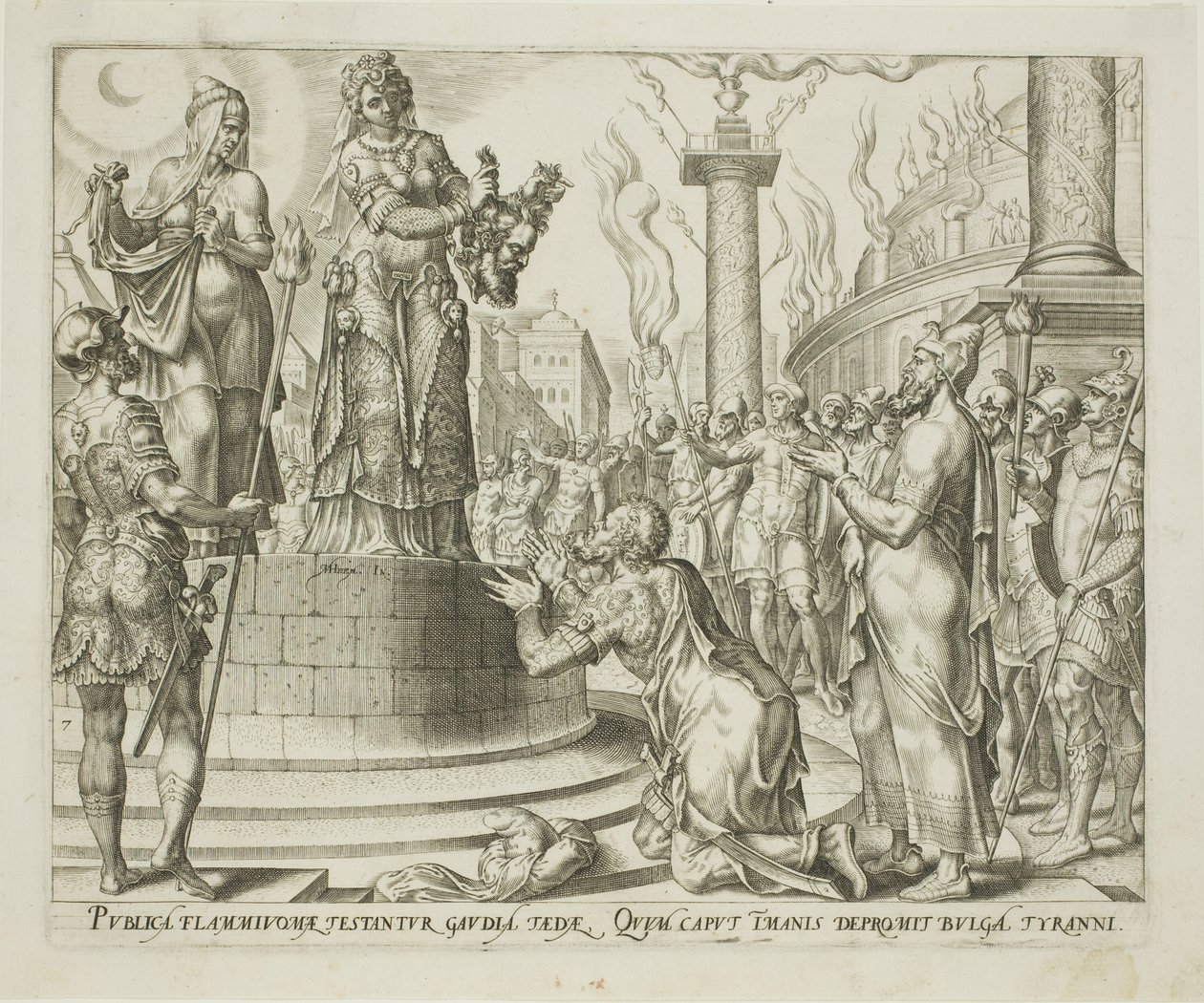 Judit mostrando la cabeza de Holofernes al pueblo de Betulia, lámina siete de La historia de Judit y Holofernes. de Philips Galle
