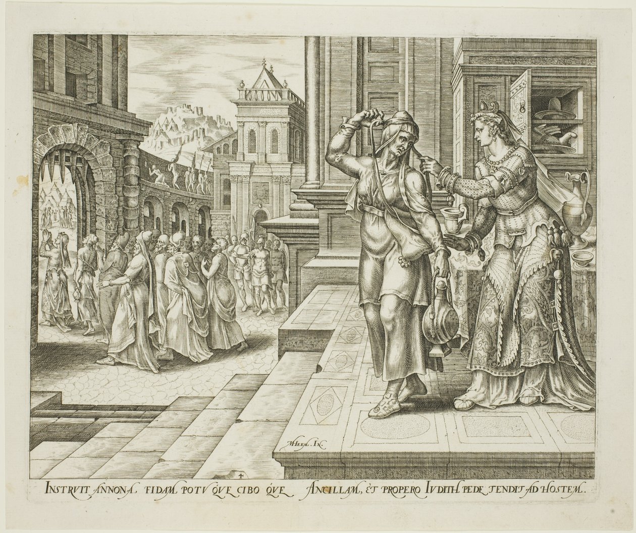 Judith preparándose para partir hacia el campamento de los enemigos, lámina cuatro de La historia de Judith y Holofernes. de Philips Galle