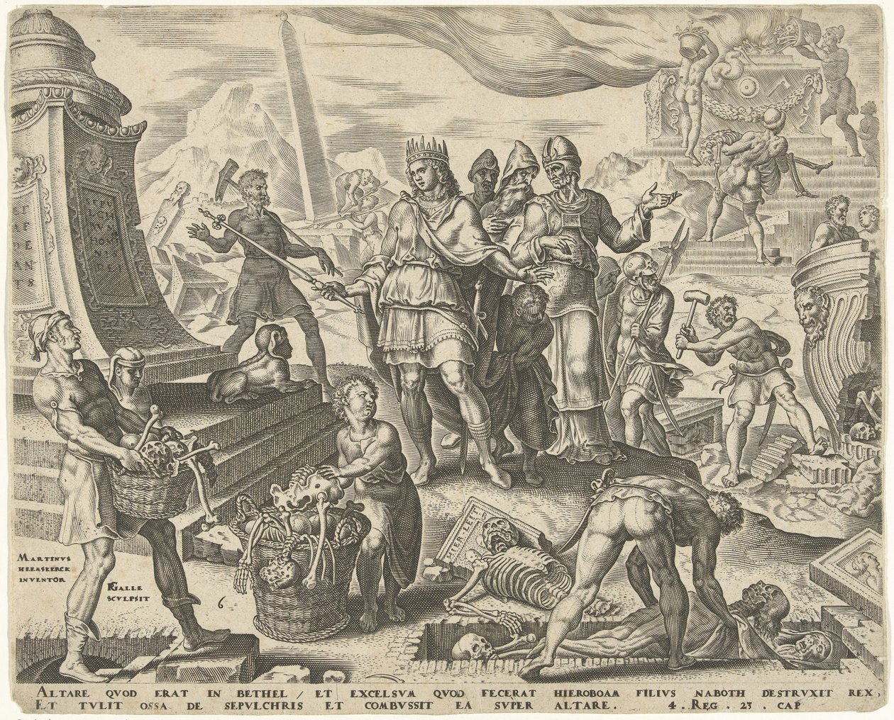 El rey Josías hace profanar el lugar de los sacrificios en Betel Historia del rey Josías (título de la serie) de Philips Galle
