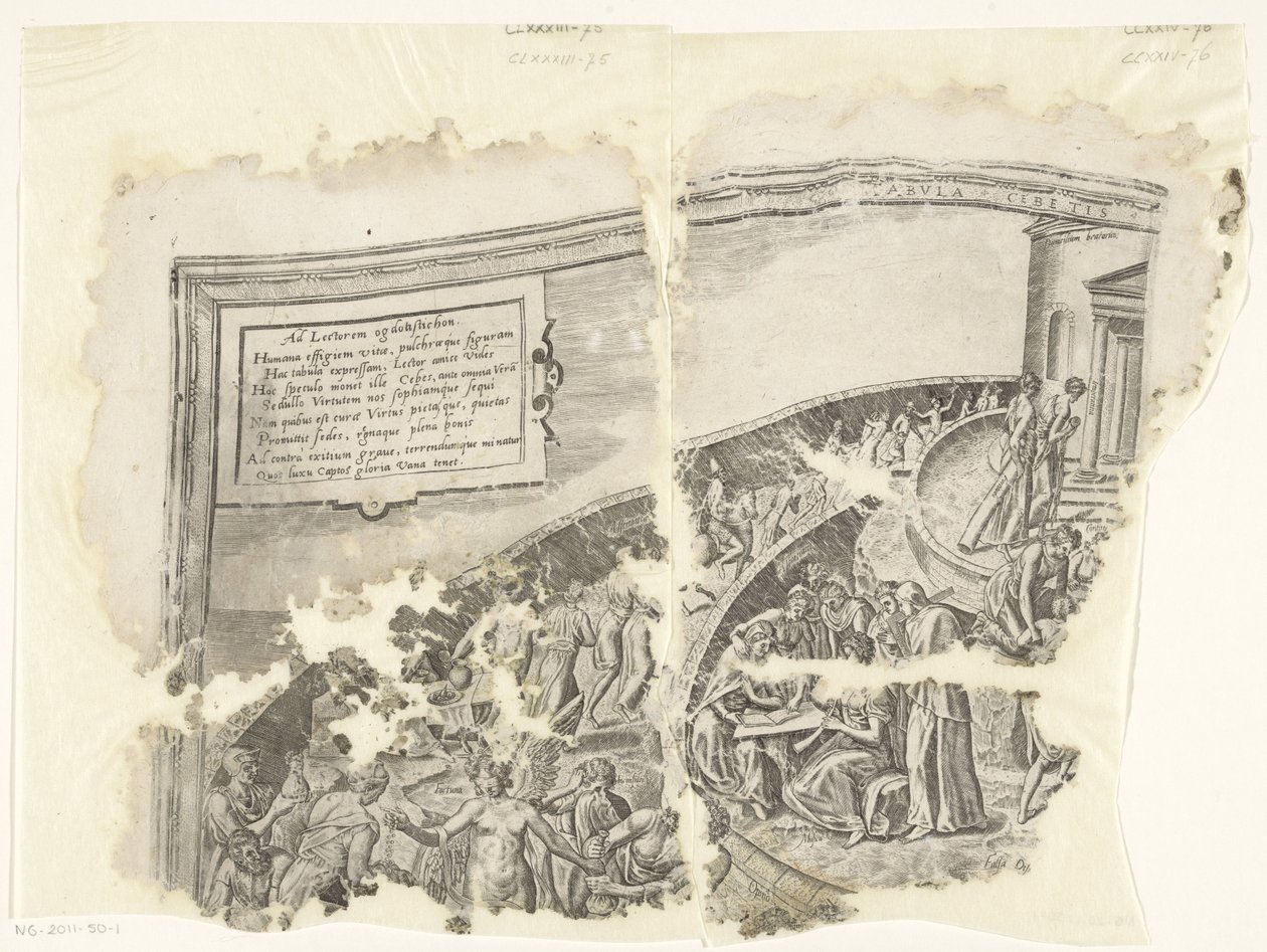 Esquina superior izquierda de una impresión de la escena de Cebes Tabula Cebetis Carta Vitae (título sobre el objeto) de Philips Galle