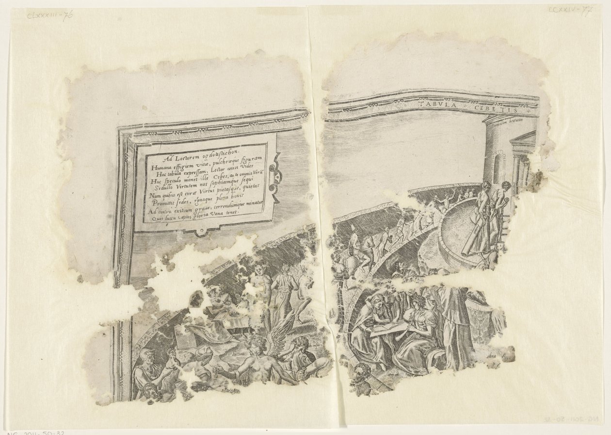 Esquina superior izquierda de una impresión de la escena de Cebes Tabula Cebetis Carta Vitae (título sobre el objeto) de Philips Galle