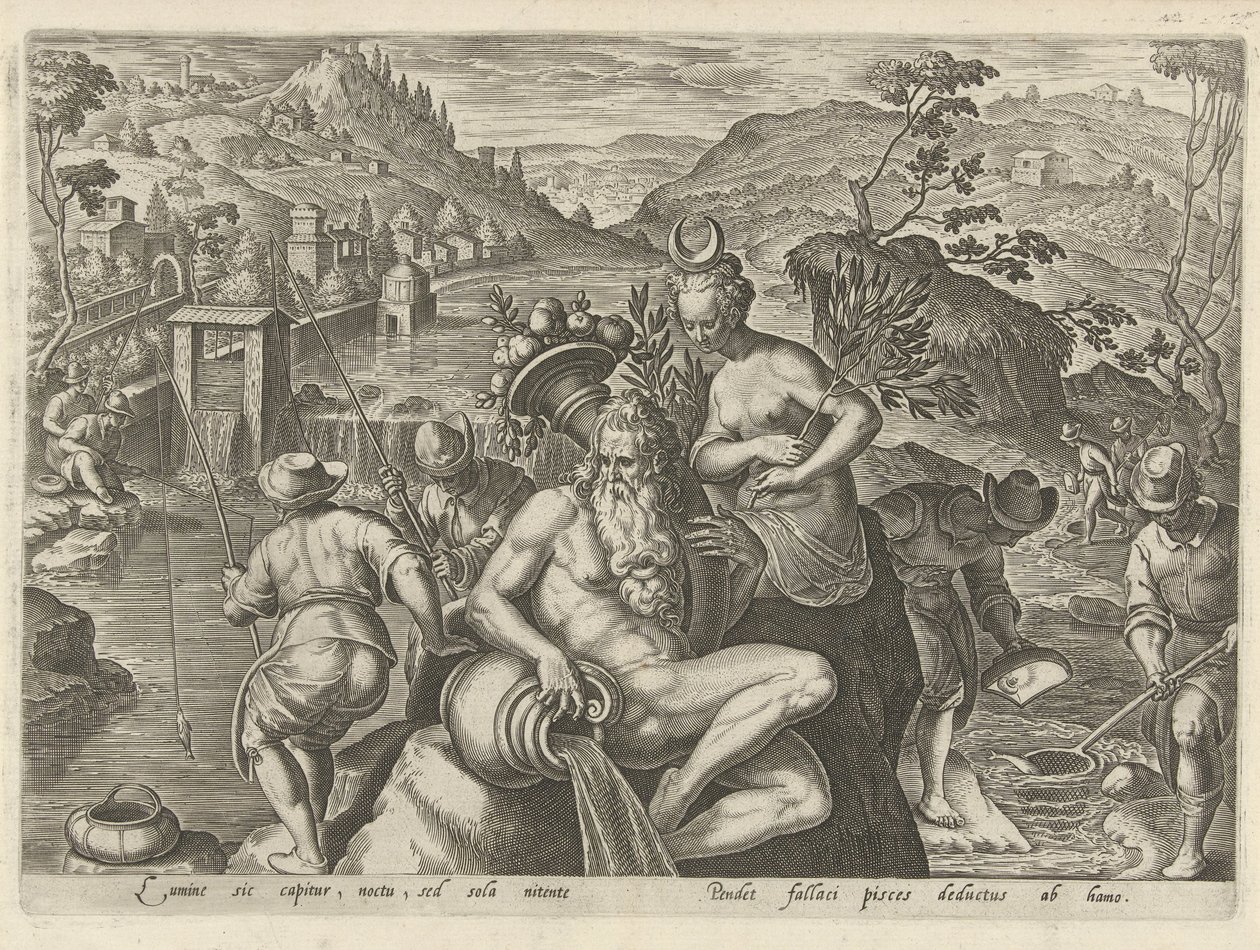 Nachtelijk vissen met een hengel Jachttaferelen (título de la serie) En el que todo tipo de caza, caza de aves y pesca (título de la serie) de Philips Galle