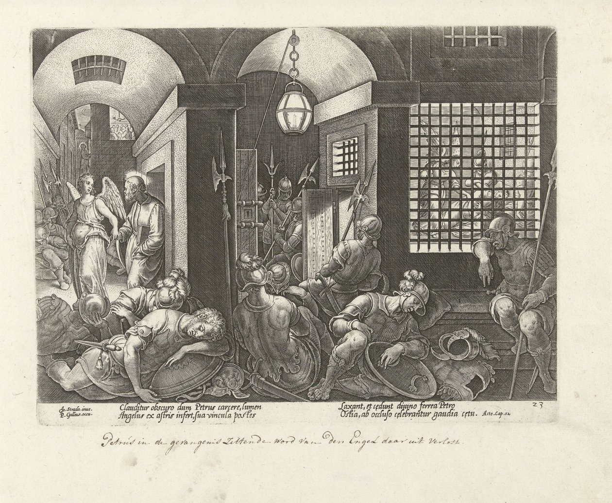 Pedro es liberado de la prisión por el ángel. Hechos de los Apóstoles (título de la serie) Acta Apostolorum (título de la serie) de Philips Galle