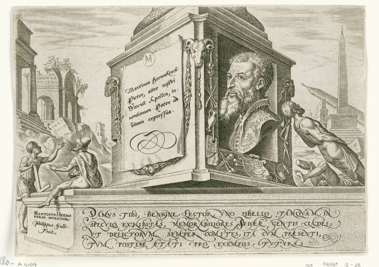 Retrato de Maarten van Heemskerck sobre el pedestal de una columna Los días de la perdición del pueblo judío (título de la serie) de Philips Galle