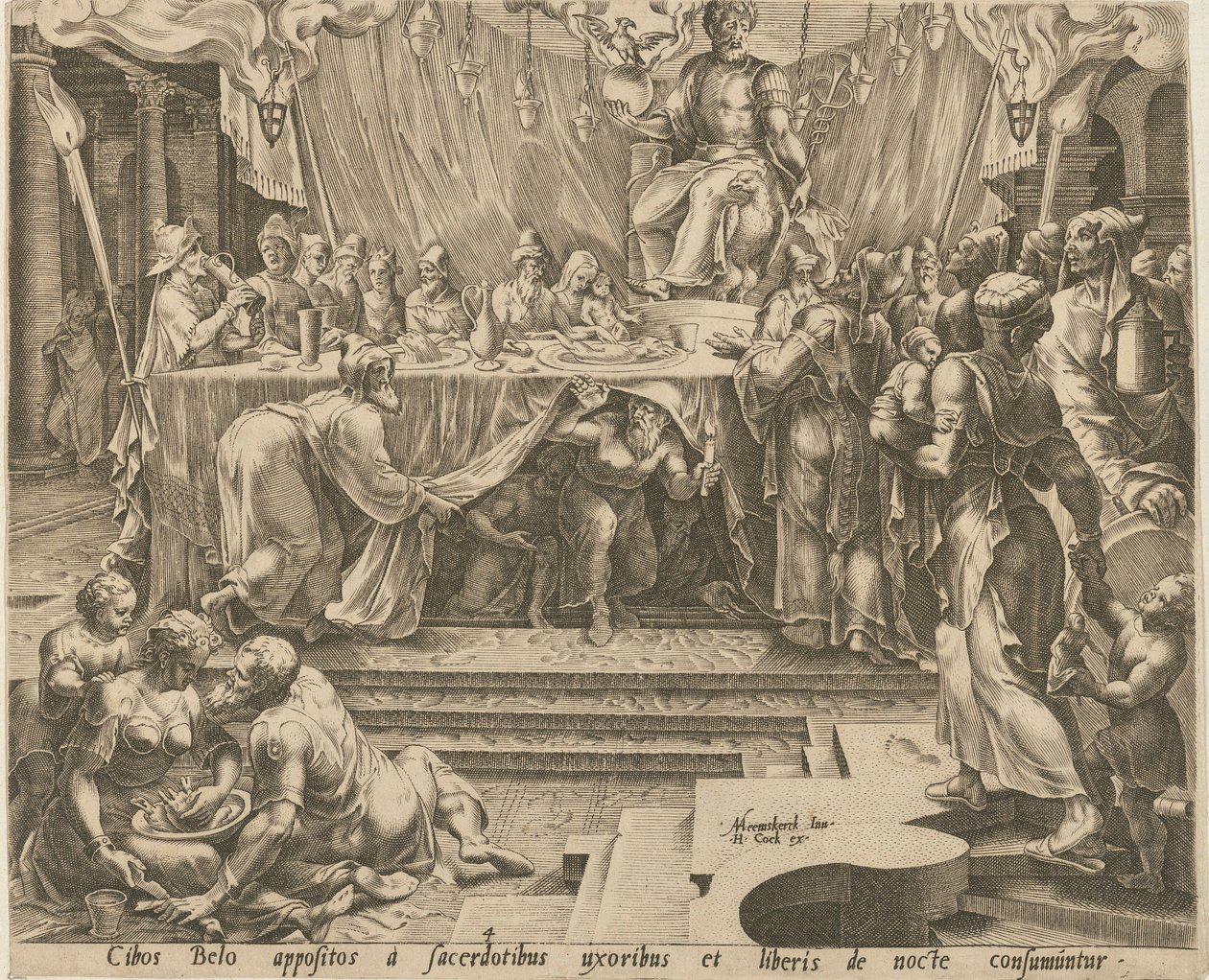 Los sacerdotes de Bel comen y beben en el templo [página 4] y Daniel da de comer al dragón [página 7], páginas 4 y 7 de la serie «La historia de Daniel, Bel y el dragón» de Philips Galle