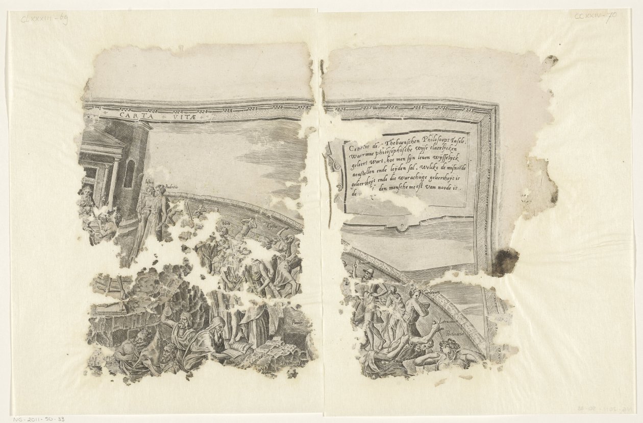 Esquina superior derecha de una impresión de la escena de Cebes Tabula Cebetis Carta Vitae (título sobre el objeto) de Philips Galle