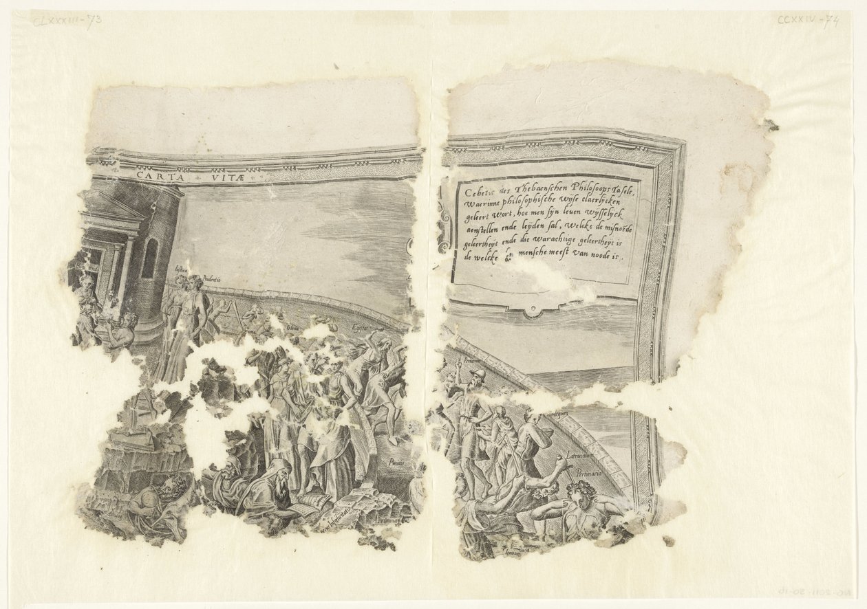Esquina superior derecha de una impresión de la escena de Cebes Tabula Cebetis Carta Vitae (título sobre el objeto) de Philips Galle