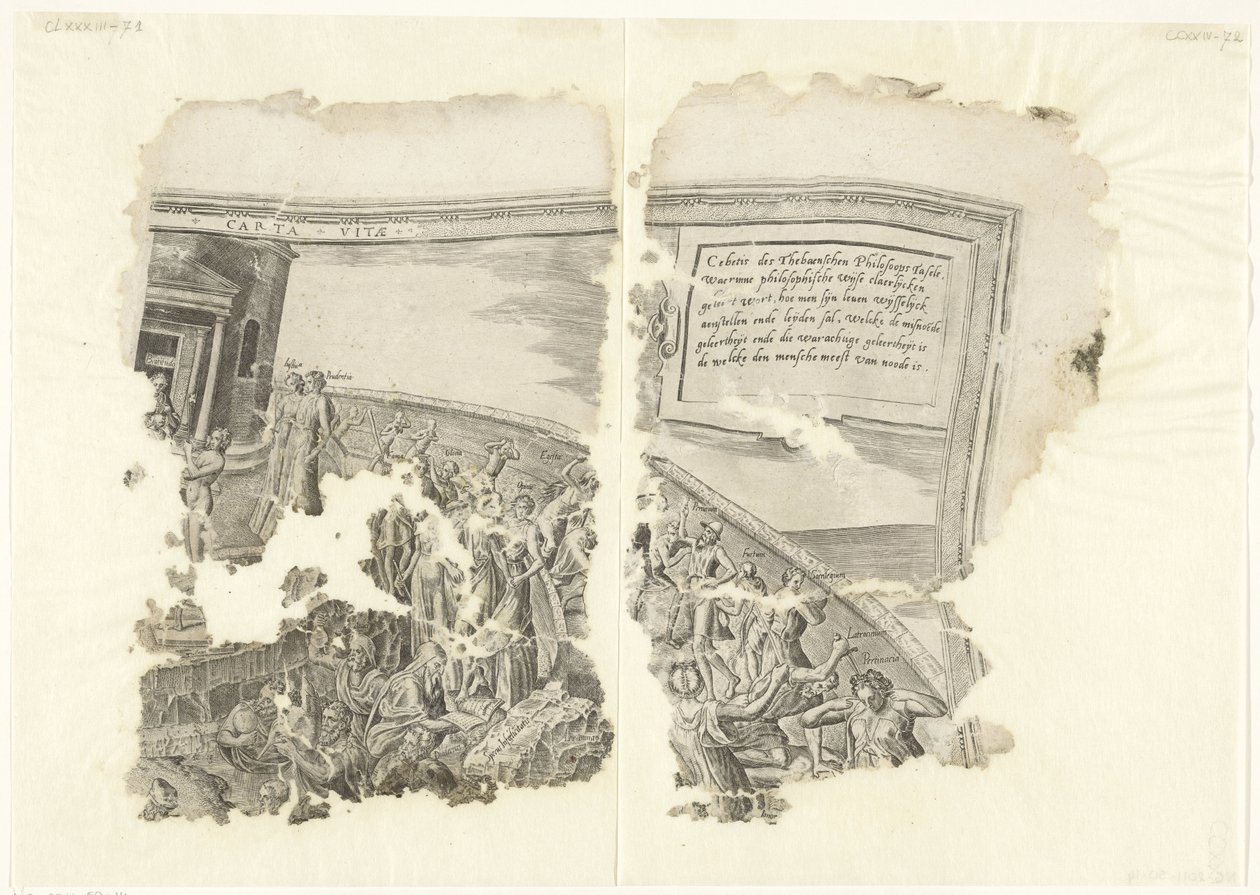 Esquina superior derecha de una impresión de la escena de Cebes Tabula Cebetis Carta Vitae (título sobre el objeto) de Philips Galle