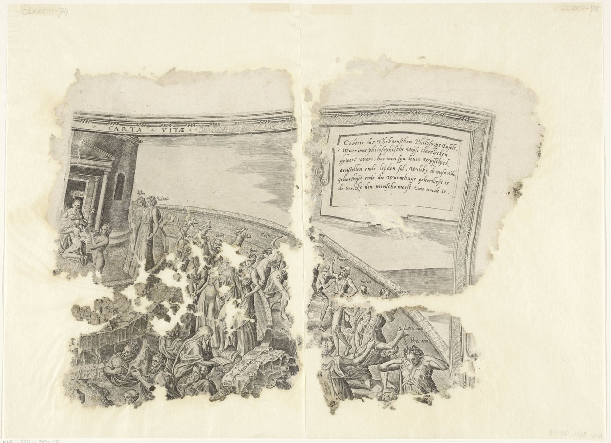 Esquina superior derecha de una impresión de la escena de Cebes Tabula Cebetis Carta Vitae (título sobre el objeto) de Philips Galle