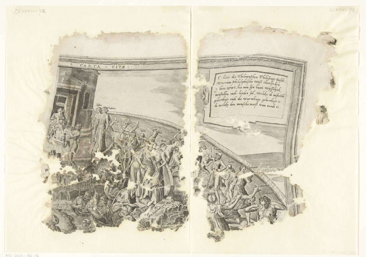 Esquina superior derecha de una impresión de la escena de Cebes Tabula Cebetis Carta Vitae (título sobre el objeto) de Philips Galle