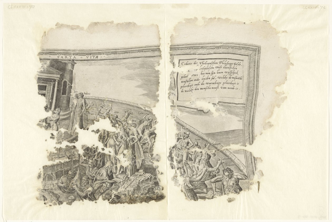 Esquina superior derecha de una impresión de la escena de Cebes Tabula Cebetis Carta Vitae (título sobre el objeto) de Philips Galle