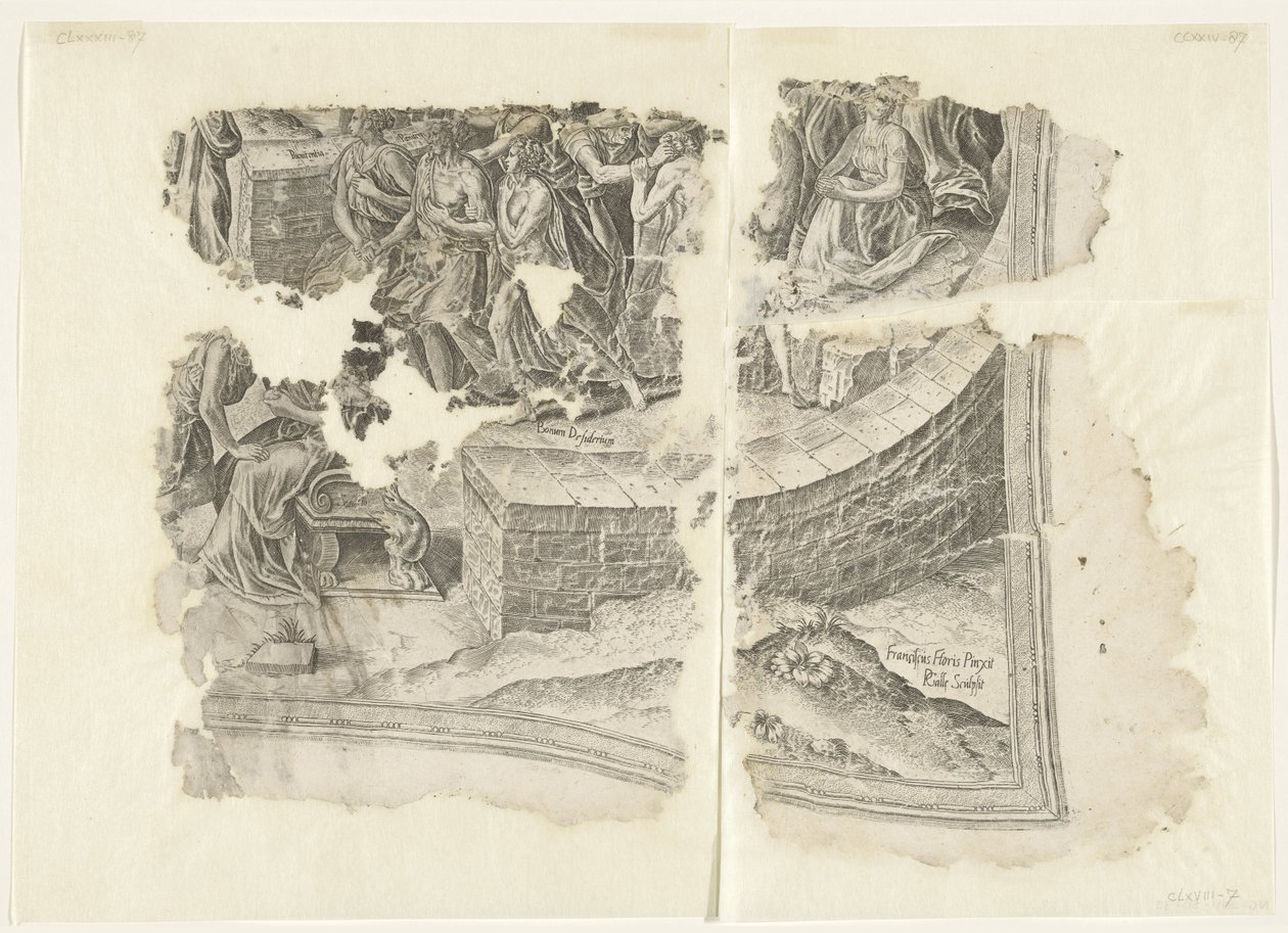 Esquina inferior derecha de una impresión de la escena de Cebes Tabula Cebetis Carta Vitae (título original) de Philips Galle