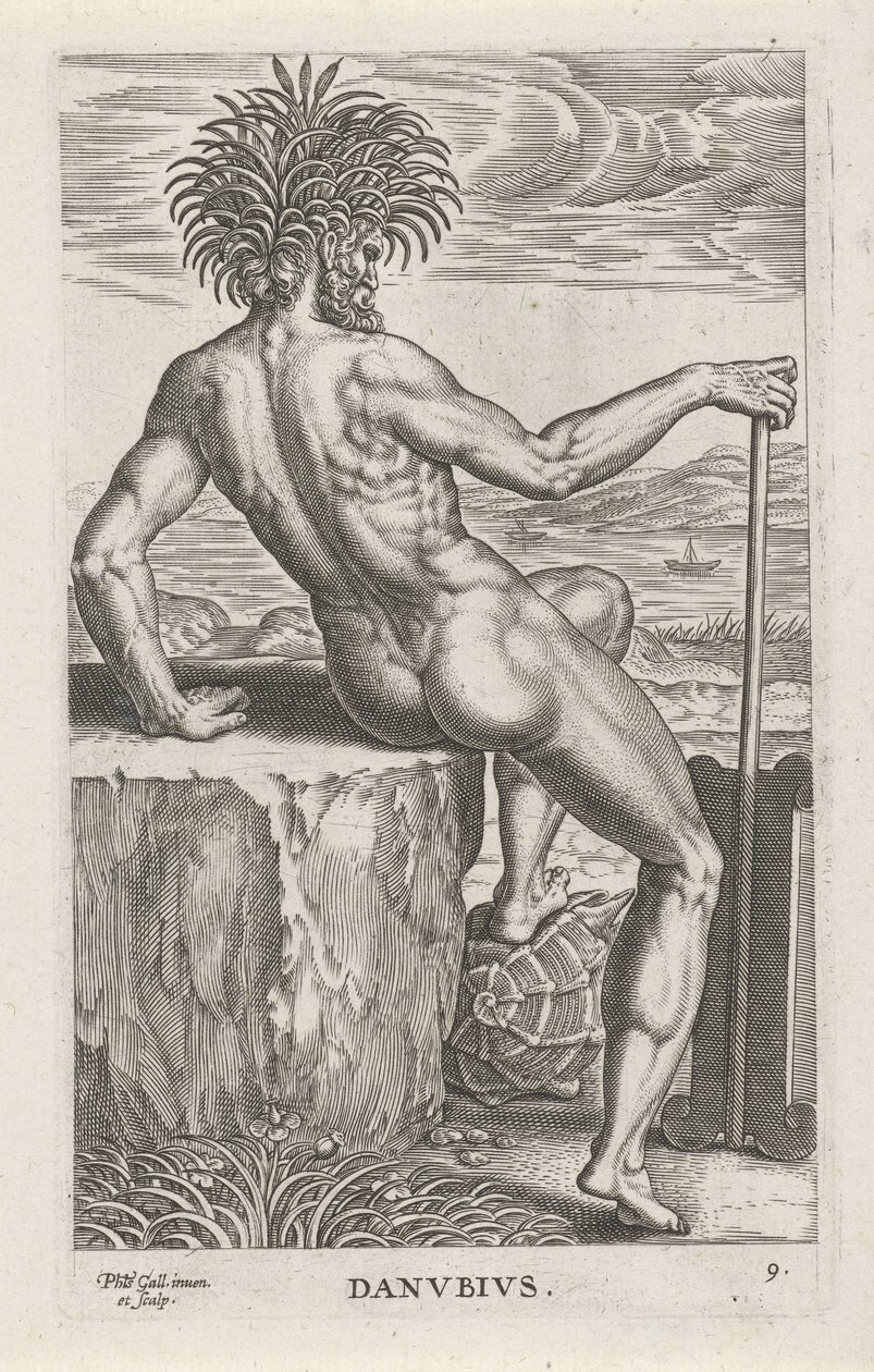 Danubio Danvbivs (título sobre el objeto) Rivier- en zeegoden (título de la serie) Elegantes retratos de los semidioses marinos y los leones marinos (título de la serie) de Philips Galle