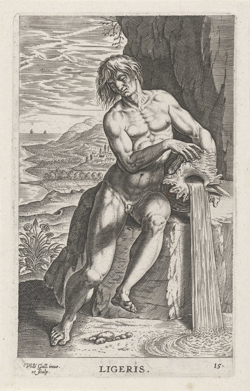 Riviergod Ligeris Ligeris (título sobre objeto) Rivier-en zeegoden (título de la serie) Imágenes bellamente escritas de los semidioses de los Marini y sus amigos (título de la serie) de Philips Galle