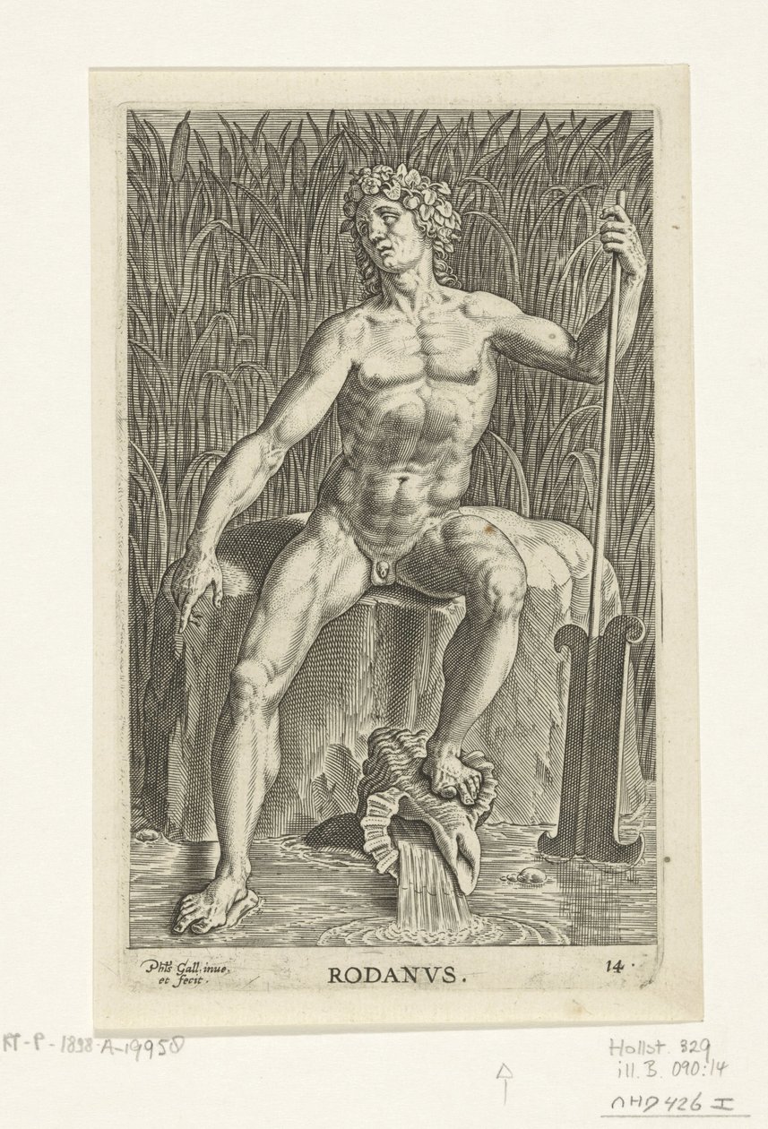 Riviergod Rodanus Rodanvs (título sobre objeto) Rivier-en zeegoden (título de la serie) Imágenes bellamente escritas de los semidioses de los Marini y sus amigos (título de la serie) de Philips Galle