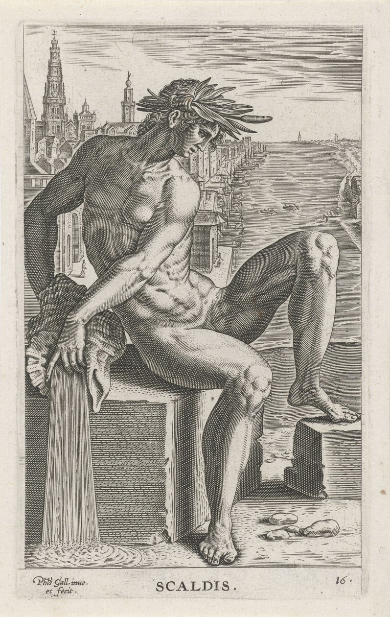 Escalda de Riviergod Scaldis (título sobre objeto) Rivier-en zeegoden (título de la serie) Imágenes bellamente escritas de los semidioses de los Marini y sus amigos (título de la serie) de Philips Galle