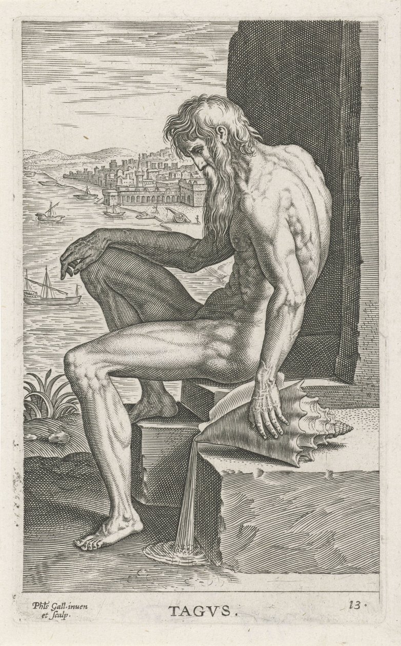 Riviergod Tajo Tagvs (título en objeto) Rivier- en zeegoden (título de la serie) Elegantes retratos de los semidioses marinos y los leones marinos (título de la serie) de Philips Galle