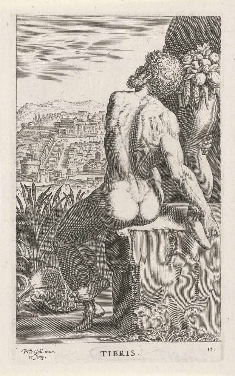 Riviergod Tibris Tribu (título en el objeto) Rivier-en zeegoden (título de la serie) Imágenes bellamente escritas de los semidioses de los Marini y sus amigos (título de la serie) de Philips Galle